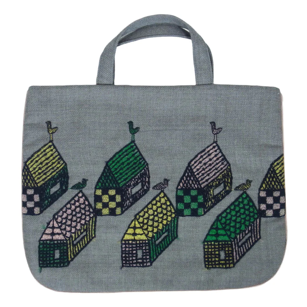 mina perhonen ミナペルホネン aba7160ps village ヴィレッジ トート ハンド バッグ グレー系【中古】