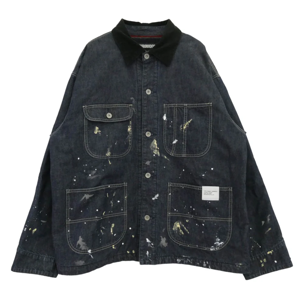 NEIGHBORHOOD ネイバーフッド 242AQNH-JKM03 CORDUROY COLLAR WASHED COVERALL コーデュロイカラー ペンキ加工 ジャケット インディゴブルー系 マルチカラー系 L【中古】