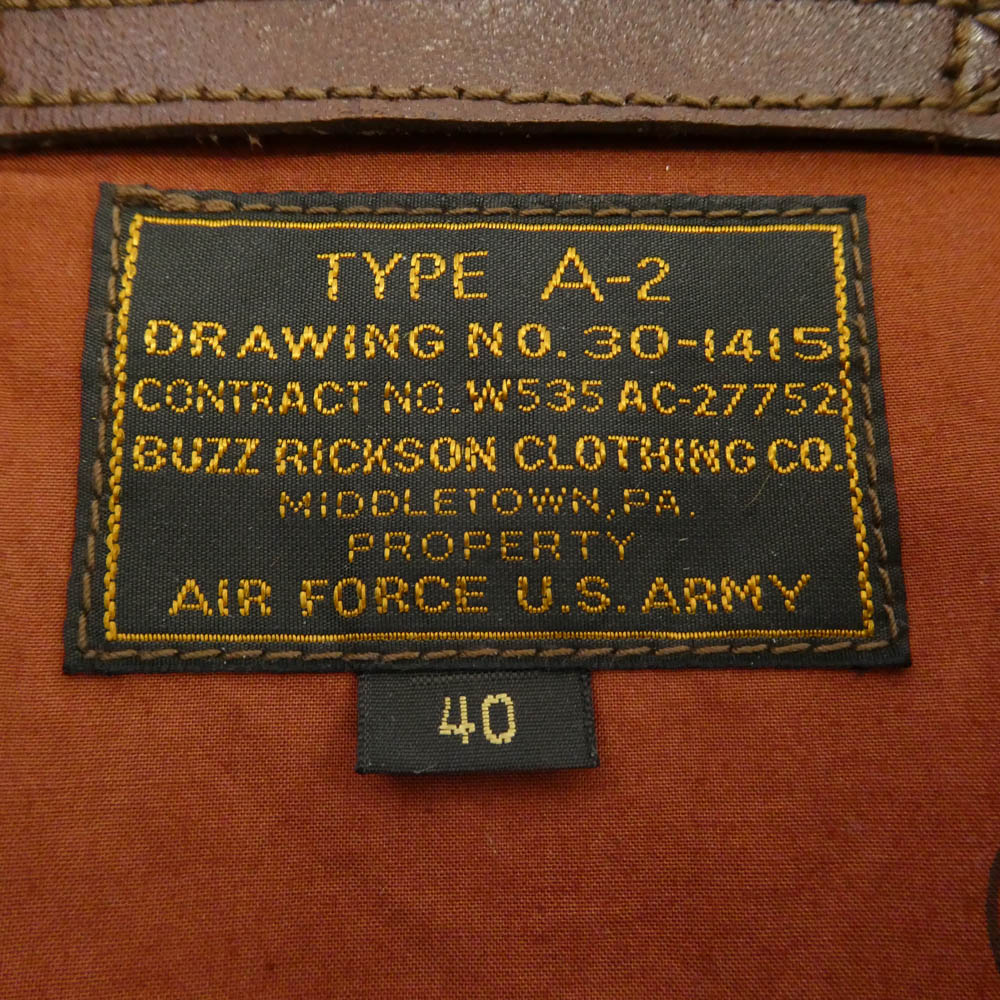 Buzz Rickson's バズリクソンズ BR80603 Type A-2 CONTRACT No. W535 AC27752 BUZZ RICKSON CLOTHING CO. ホースハイド フライト ジャケット ブラウン系 40【中古】 - Image 5