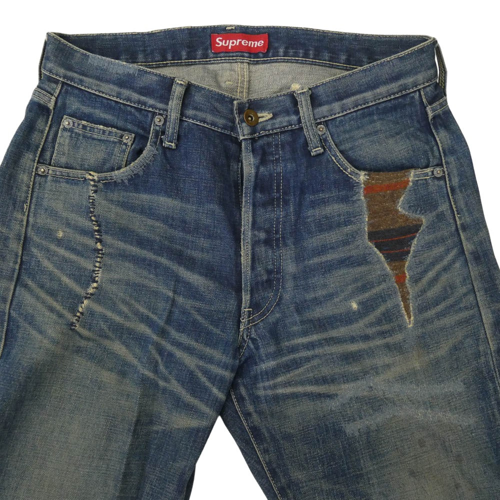 Supreme シュプリーム DCSP-PT-01 【フェイクバスターズ鑑定済】 × NEIGHBORHOOD ネイバーフッド SAVEGE DENIM BASIC STRAIGHT リペア加工 サベージ デニム パンツ ベーシックストリート インディゴブルー系 S【中古】 - Image 8