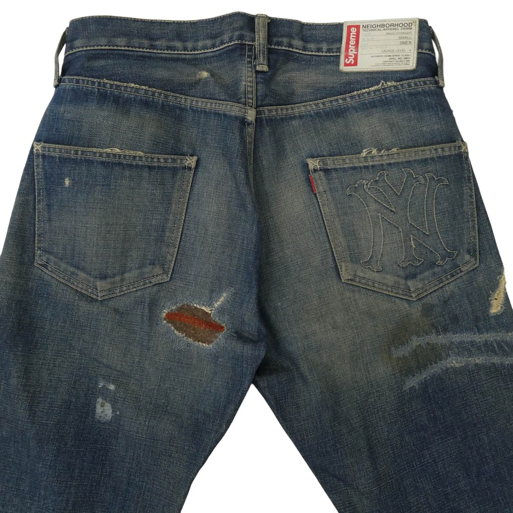 Supreme シュプリーム DCSP-PT-01 【フェイクバスターズ鑑定済】 × NEIGHBORHOOD ネイバーフッド SAVEGE DENIM BASIC STRAIGHT リペア加工 サベージ デニム パンツ ベーシックストリート インディゴブルー系 S【中古】 - Image 9