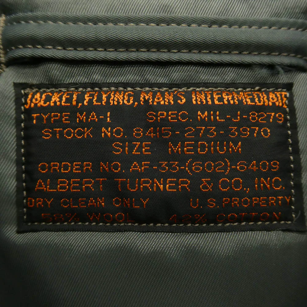 Buzz Rickson's バズリクソンズ BR14900 MA-1 ALBERT TURNER 実名復刻 エムエーワン アルバートターナー フライトジャケット カーキ系 M【中古】 - Image 5