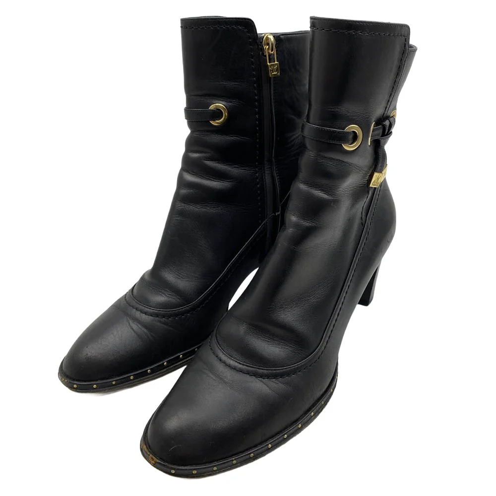 LOUIS VUITTON ルイ・ヴィトン レザー サイドジップ ヒールブーツ ショートブーツ 靴 シューズ ブラック系 39【中古】