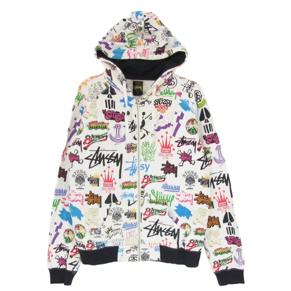 STUSSY ステューシー ロゴプリント総柄 フルジップ パーカー フーディー ホワイト系 M【中古】