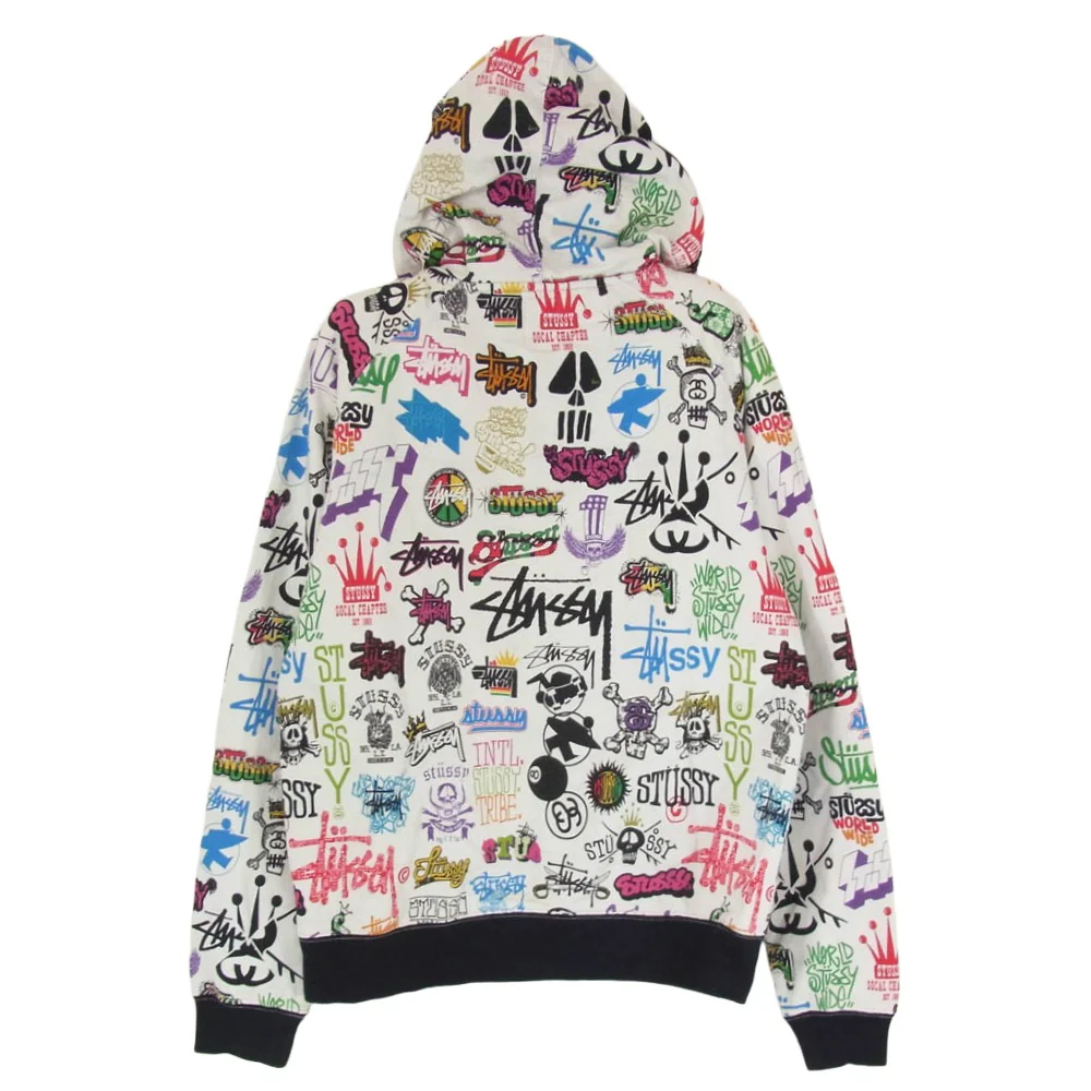 STUSSY ステューシー ロゴプリント総柄 フルジップ パーカー フーディー ホワイト系 M【中古】 - Image 2