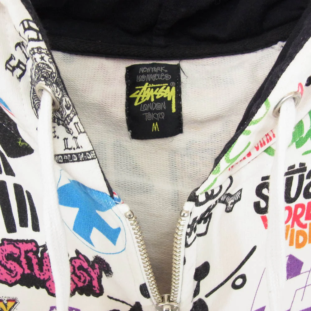 STUSSY ステューシー ロゴプリント総柄 フルジップ パーカー フーディー ホワイト系 M【中古】 - Image 3