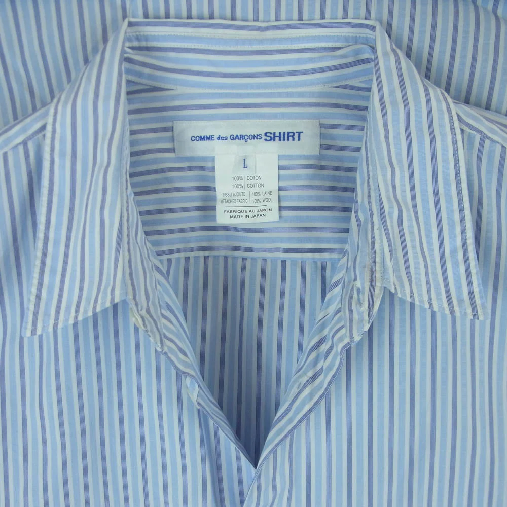COMME des GARCONS コムデギャルソン OT-B003 SHIRT シャツ チェックレイヤード ポケット付き ストライプ 長袖 ロング シャツ ライトブルー系 ホワイト系 L【中古】 - Image 3