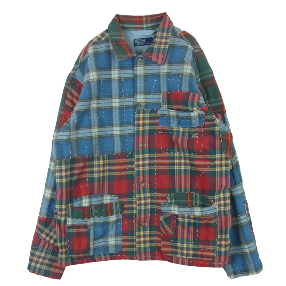 POLO RALPH LAUREN ポロ・ラルフローレン 26SS パッチワーク チェック フランネル オーバー シャツ ジャケット レッド系 ブルー系 グリーン系 XL【美品】【中古】