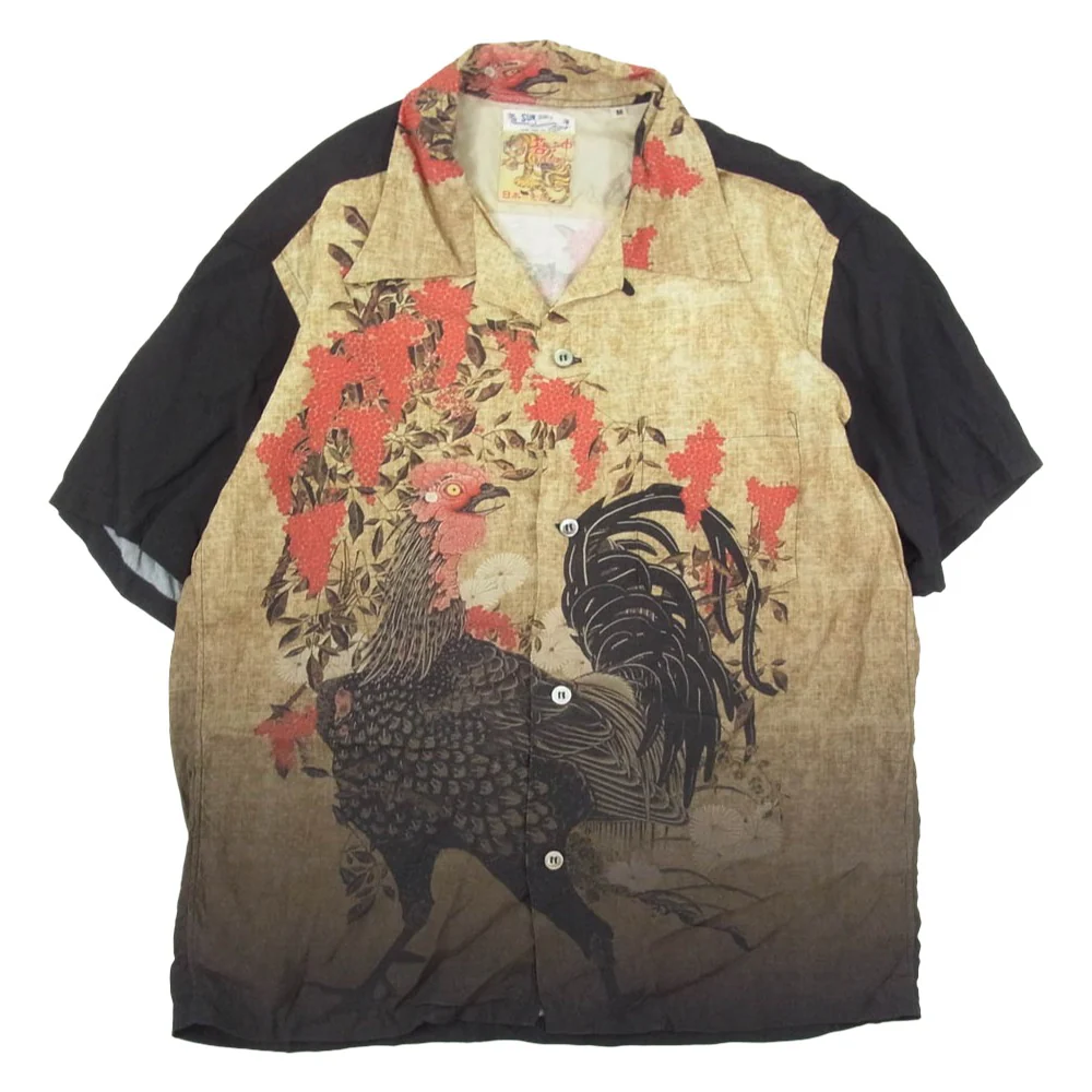 SUN SURF サンサーフ SS38716 SP スペシャル 伊藤若冲 動植綵絵 南天雄鶏図 アロハ ハワイアン 半袖 シャツ ブラック系 M【中古】