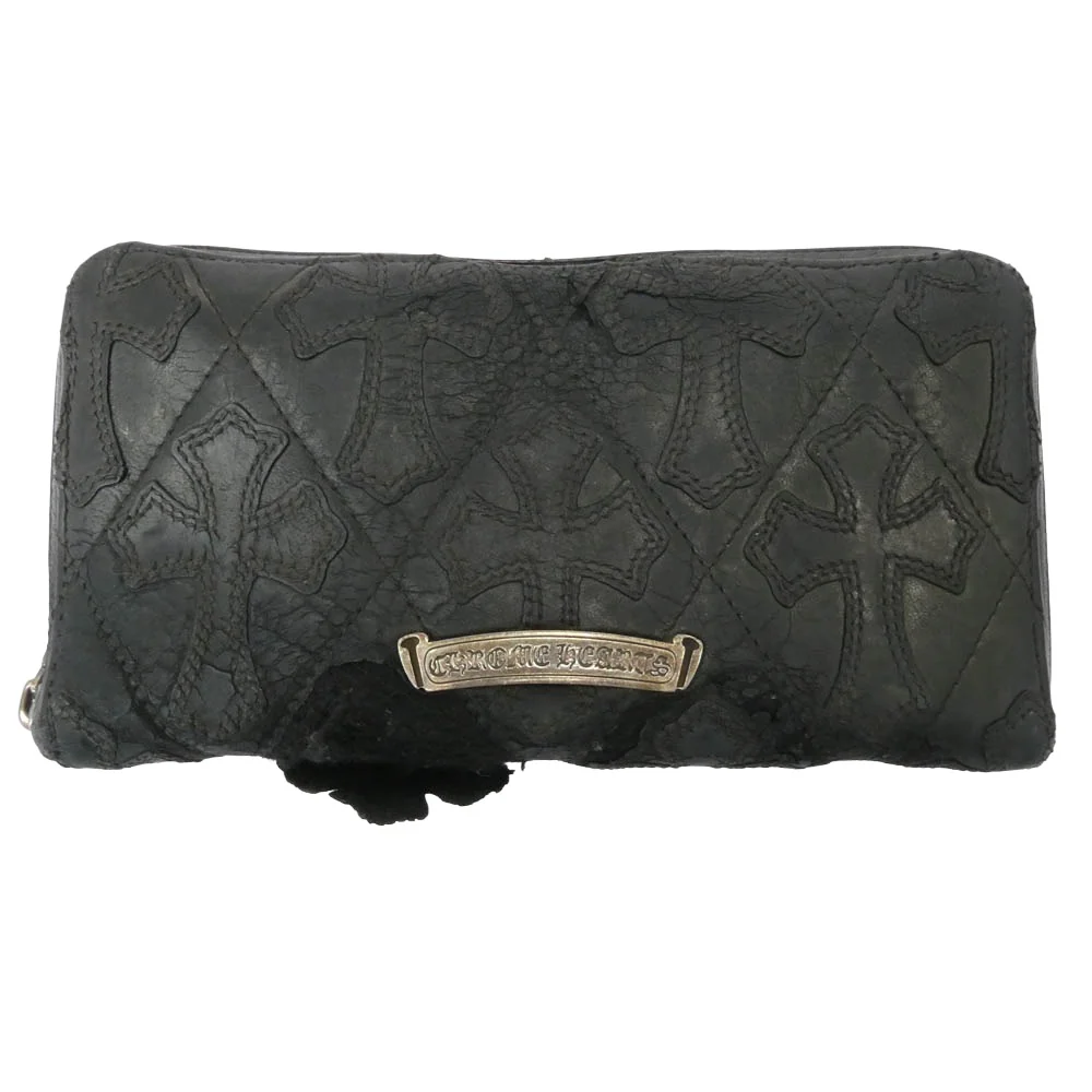 CHROME HEARTS クロムハーツ(原本無) ブラックシンフォニー証明書付属 REC F ZIP QUILTED セメタリークロスパッチ キルティング レザー ロングウォレット 長財布 ブラック系【中古】